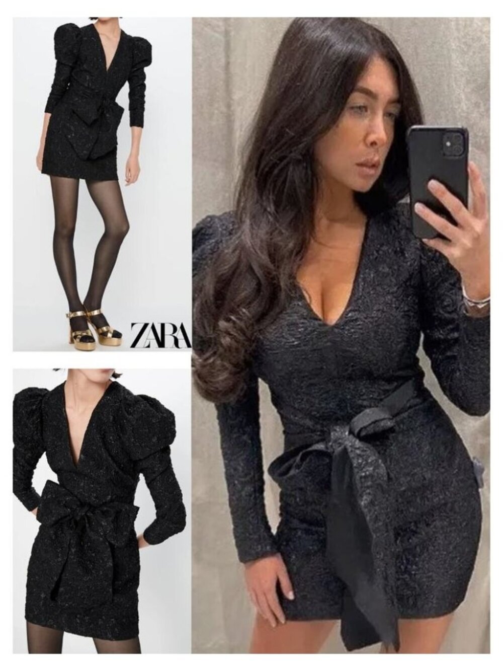 NWT ZARA Woman Textured Puff Sleeve Dress With Bow Black Size XS